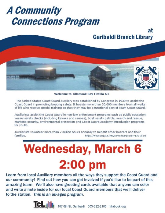 Learn about the Coast Guard Auxiliary at Garibaldi Branch Library