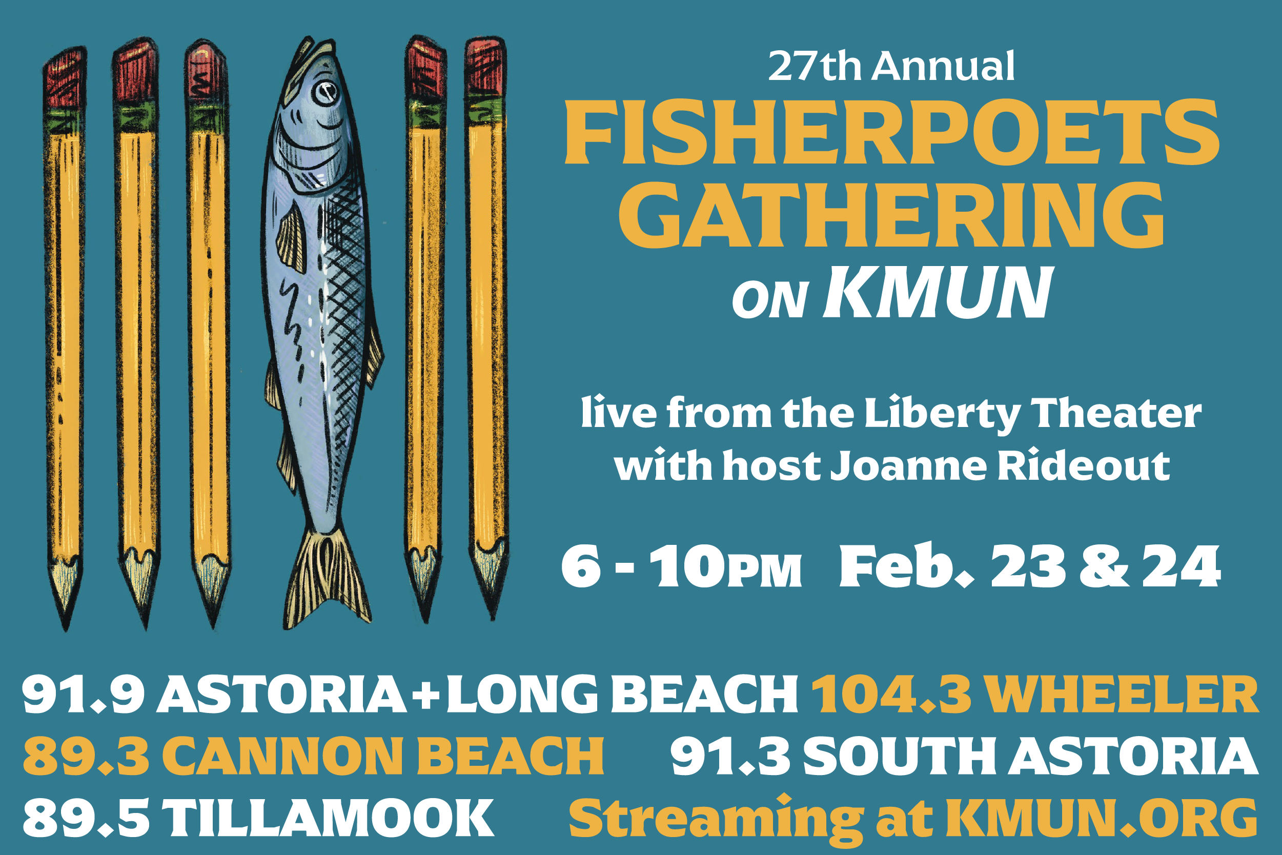 FisherPoets Gathering live on KMUN Friday and Saturday February 23rd and 24th, 6 to 8 PM