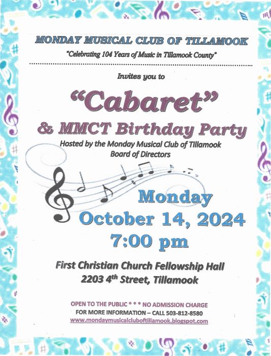 Monday Musical Club of Tillamook - October program - Cabaret and Birthday Party