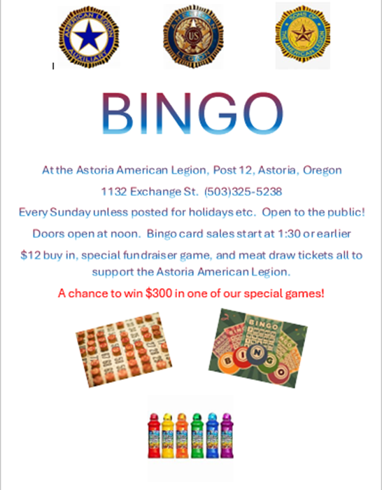 Astoria Oregon American Legion Post 12 Weekly Bingo - Open to the Public