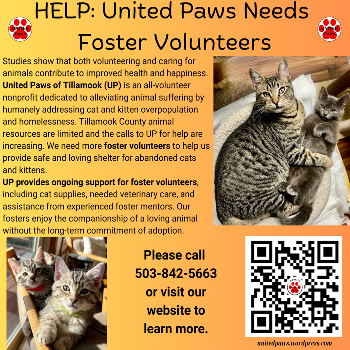 Help! United Paws of Tillamook Seeks Foster Volunteers
